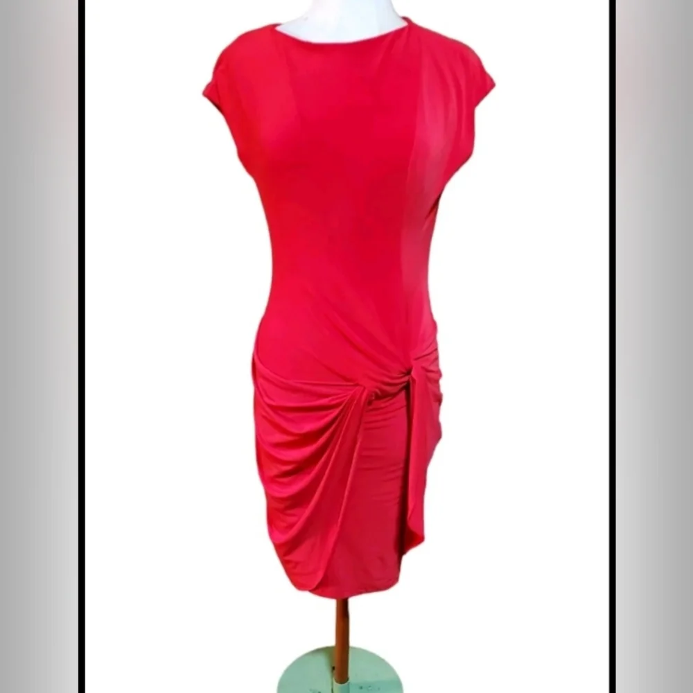 Lauren Ralph Lauren Dress 8 Midi Slinky Stretch Bodycon Y2k Cap Short Sleeve Red